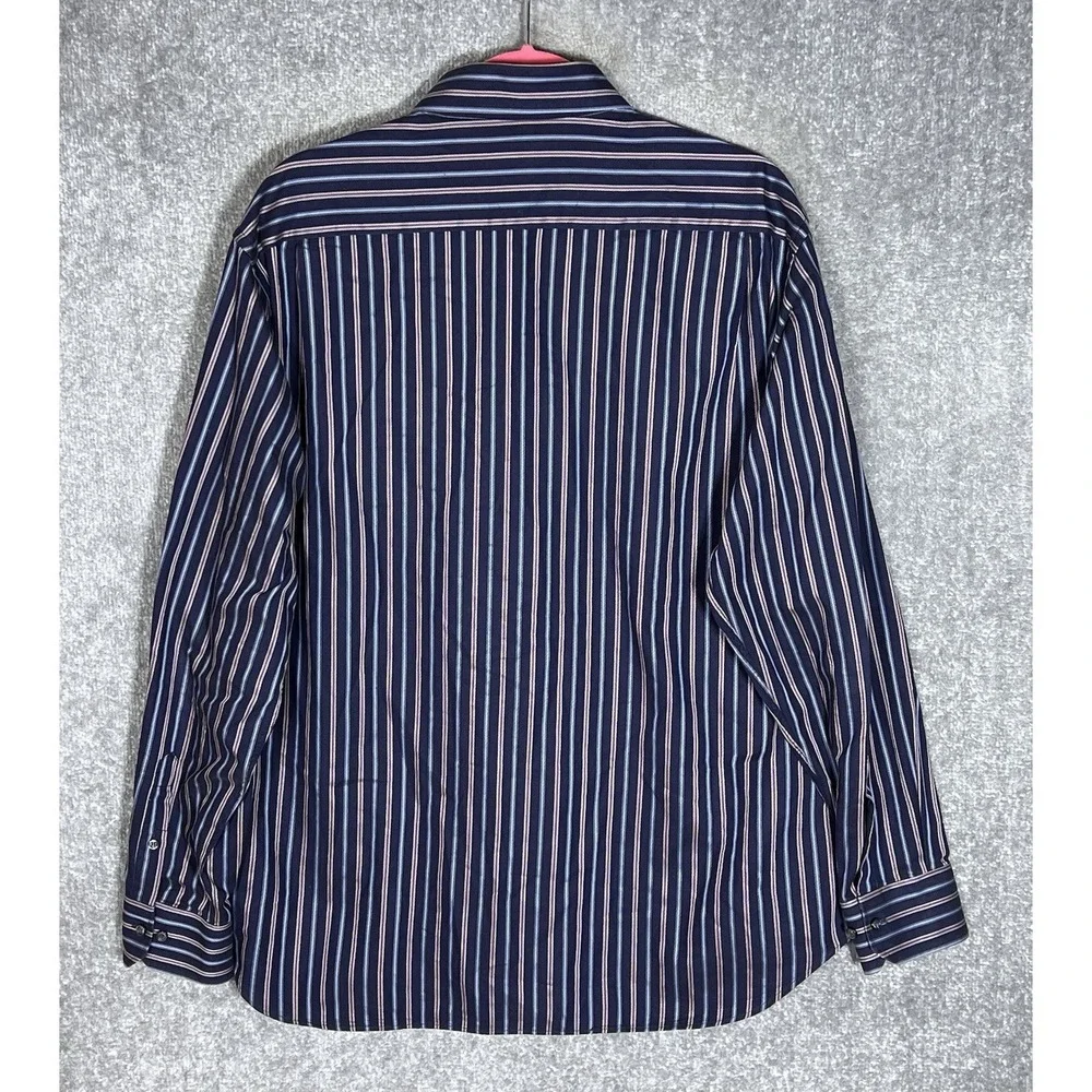 Ingram Button Up Dress Shirt Mens Sz 17.5 Blue Purple Striped Cotton Long Sleeve